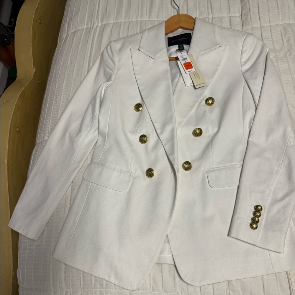 Banana Republic  White Double-Breasted Blazer with Gold Buttons